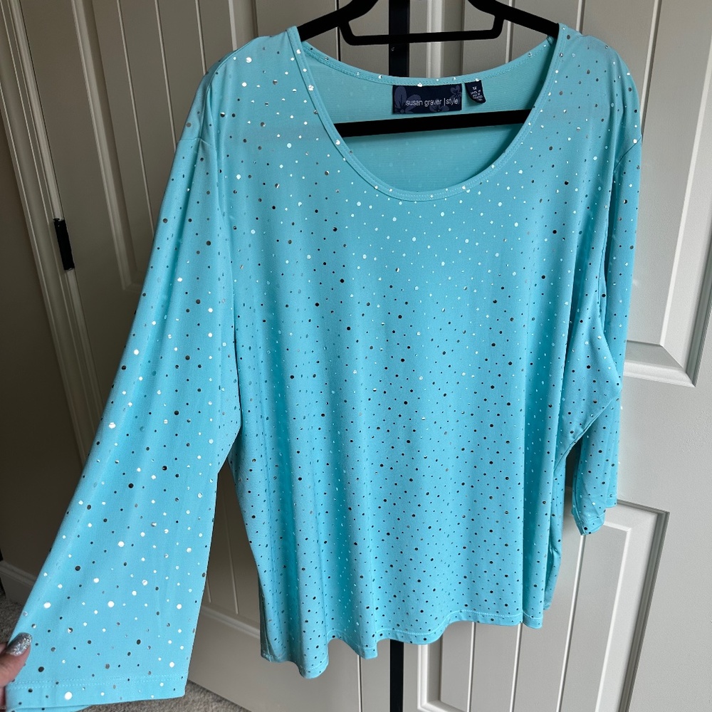 Susan Graver Plus Size Turquoise w/Silver Metallic Dots Top 3X